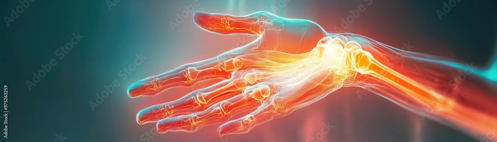 Aufkleber a highly detailed anatomical rendering of a hand showcasing bone structure and joint movement, highl