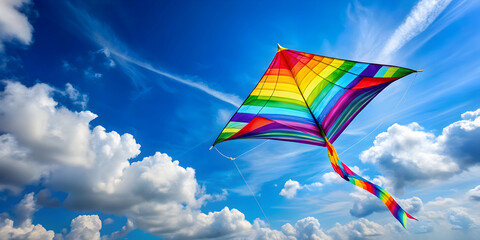 Vibrant kite flying high in the blue sky on a sunny day, kite, colorful, sky, flying, sunny, day, fun, outdoor, activity