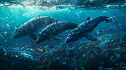Fototapeta premium A Surreal Depiction of Three Humpback Whales Swimming Through a Sea of Plastic Debris, Digital Art, Ocean Pollution, Plastic Waste, Environmentalism