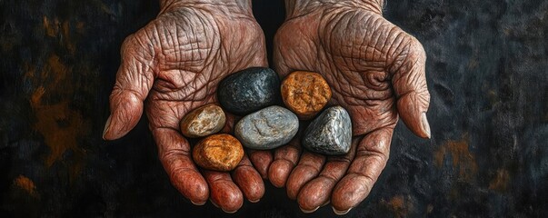 Hands holding a collection of colorful stones, showcasing textures and details. A beautiful representation of nature's artistry.