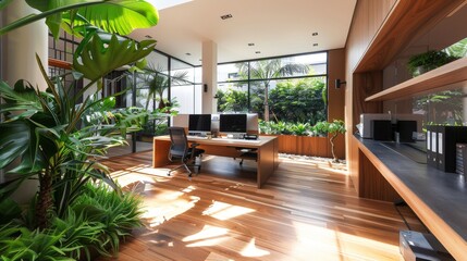 Fototapeta premium A Greenery-Filled Office Space with a Wooden Desk and Two Computers, Office Design, Modern Interior, Home Office. Office Design, Modern Interior, Home Office