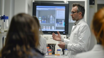 Obraz premium A Scientist Explains a Chemical Experiment in a Lab, Chemistry Lab, Science Experiment, Lab Equipment, Chemical Research