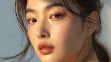 Fototapeta premium Close-up Portrait of a Woman with Sun-Kissed Skin, Digital Illustration, Featuring Golden Tones and a Soft Focus, Beauty, Portrait, Soft Focus
