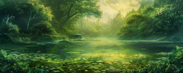 Enchanted Forest Lake, Digital Painting, Lush Green Foliage, Tranquil Water, Mystical, Forest, Lake