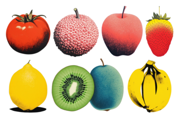 Silk screen style of fruits png cut out set