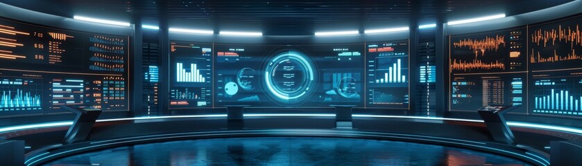 Futuristic Control Room with Data Visualization and Blue Neon Lights, 3D Render, Futuristic Interior, Technology , data visualization , neon lights