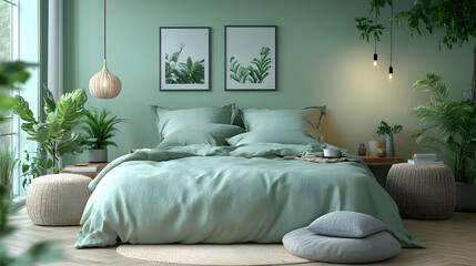 A modern bedroom with a green color scheme and plants.