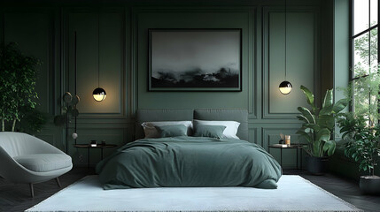 A modern bedroom with a green color scheme. It has a large bed with green bedding, a black frame with an abstract painting, and two black pendant lights. There is a plush armchair and a side table.