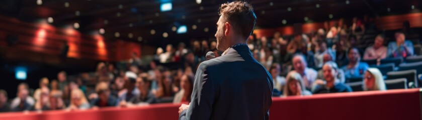 Speaker at a Conference, Back View, Audience, Blurred Background, Public Speaking, Event, Conference
