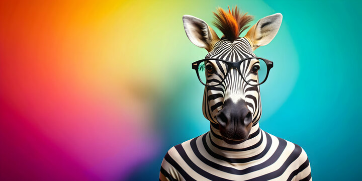 Funny cute zebra wearing clothes and glasses standing against a colorful background, zebra, funny, cute, clothes, glasses