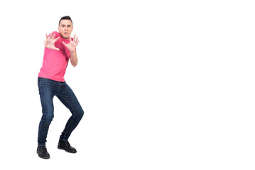 Frightened man protecting from danger. White background