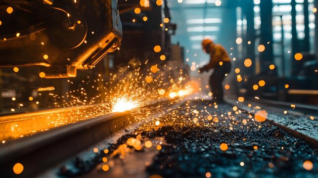 A worker welding a railroad track in a factory.