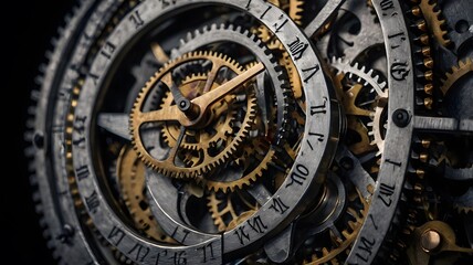 Close-up of antique clock and watch mechanisms showing intricate gears and metal parts