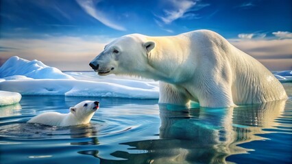 Fototapeta premium In the icy Arctic waters, a majestic beluga whale swims alongside a polar bear, their unlikely friendship thriving