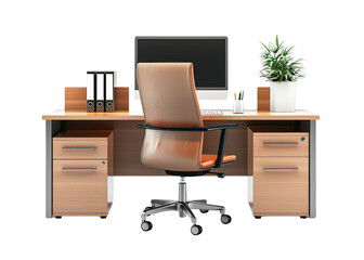 A wooden desk with a black chair and a computer monitor