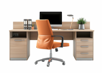 A wooden desk with a black chair and a computer monitor