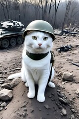 white cat in world war 3 wearing protection armor. survival for fittest. Generative AI