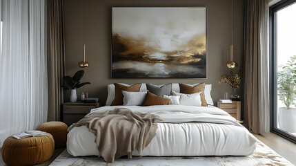 A modern bedroom with a king-size bed, a large abstract painting above the headboard, a plush rug, a nightstand with a lamp, and a large window with a view of a balcony.