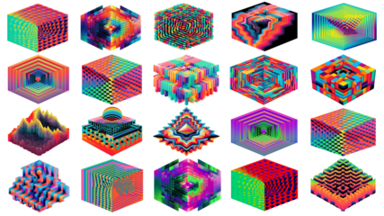 PNG abstract psychedelic cubic shape set, transparent background