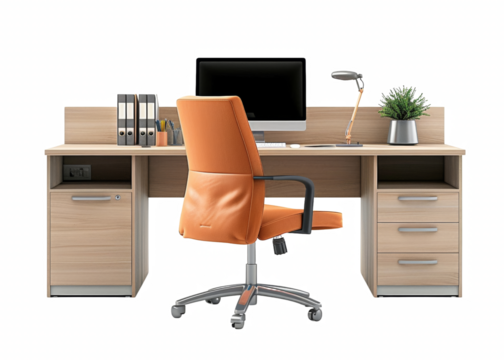 A wooden desk with a black chair and a computer monitor