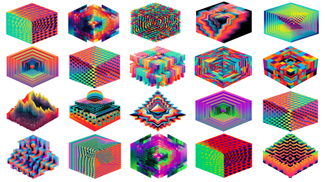 PNG abstract psychedelic cubic shape set, transparent background - Powered by Adobe