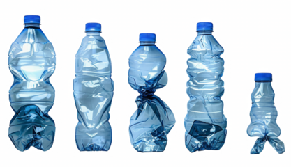 Five plastic bottles of water are shown in a row