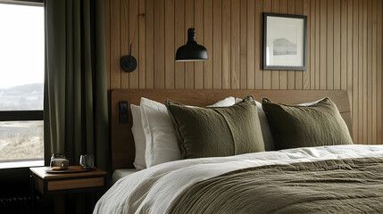 A modern bedroom with a king-size bed, green bedding, wooden walls, a black lamp, a window with a view of the mountains, and a side table with a tray and glasses.