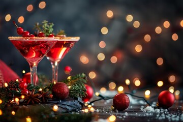 Refreshing Christmas cocktails beside festive decorations with bokeh lights shining in the background