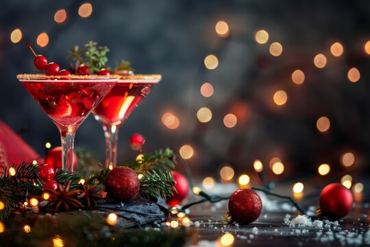 Refreshing Christmas cocktails beside festive decorations with bokeh lights shining in the background