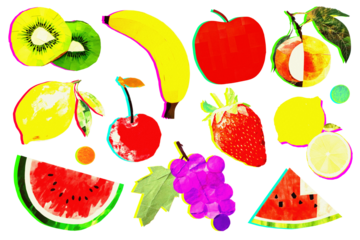 Colorful neon fruits png element set, transparent background
