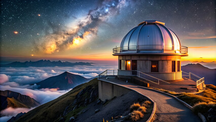 Celestial observatory atop a mountain peak with glowing domed roof, ideal for stargazing and dreaming