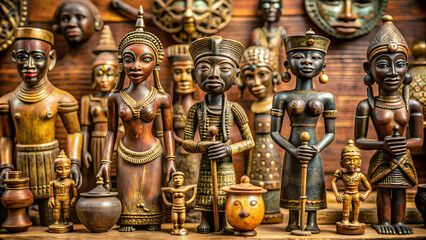 Collection of traditional African artifacts with brass Ashanti dolls, Africa, culture, tradition, heritage