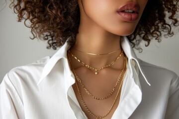Elegant fashion portrait featuring a woman in a white shirt adorned with gold chain necklaces, showcasing timeless jewelry style