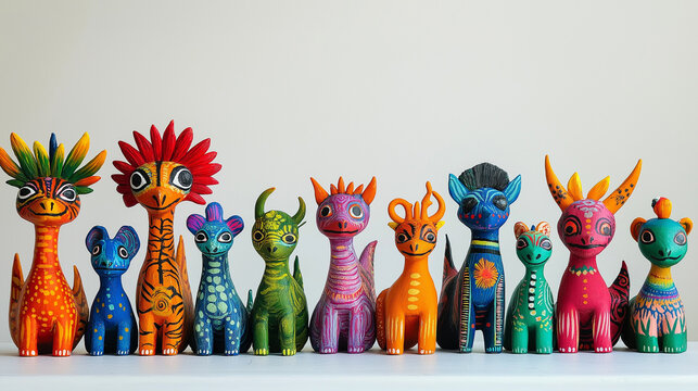 Mexican Folk Art Animals, colorful alebrijes creatures from Mexican folk art, with copy space