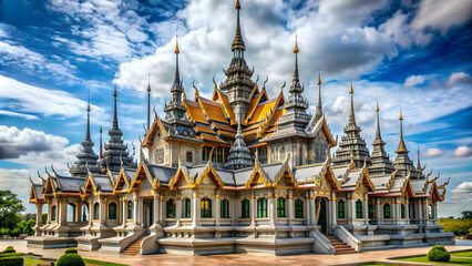 Naklejka premium Unique metal castle-like temple in Bangkok with intricate design and 37 iron spires, Wat Ratchanatdaram, Loha Prasat