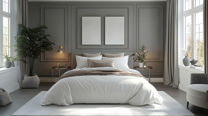 A modern bedroom with a king-sized bed, white bedding, and two framed prints on the wall, with a side table, lamps, and a potted plant.