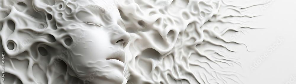 Poster abstract sculpture of a serene face intertwined with flowing organic shapes, evoking emotion through