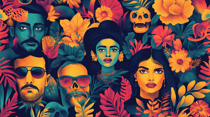 Iconic Latin American Writers, a literary pattern featuring symbolic elements related to Gabriel Garc�a M�rquez, Pablo Neruda, and more, with copy space