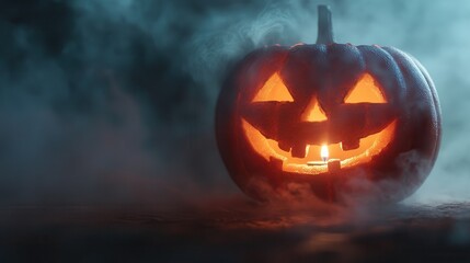 Naklejka premium A spooky Halloween pumpkin glowing in the dark with mysterious fog, perfect for festive autumn decor and celebrations.