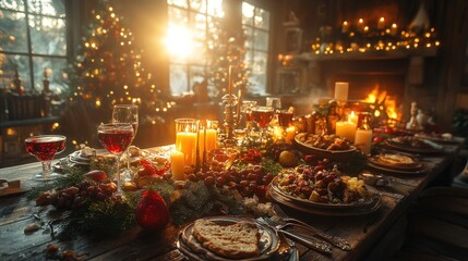 Festive dining scene with a beautifully set table for celebration.