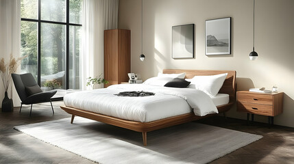 A modern bedroom with a large bed