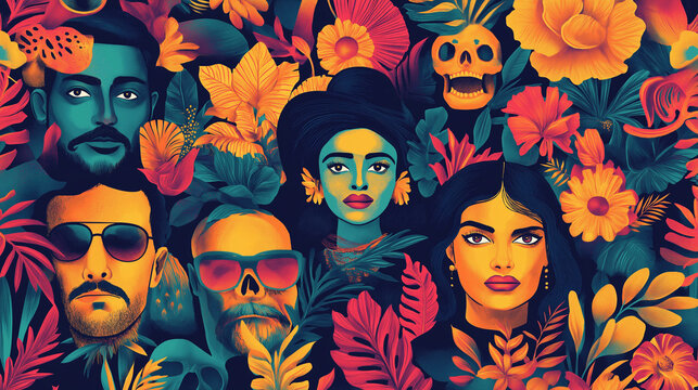 Iconic Latin American Writers, a literary pattern featuring symbolic elements related to Gabriel Garc�a M�rquez, Pablo Neruda, and more, with copy space