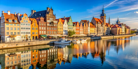 Fototapeta premium Sunny day in Gdansk overlooking the waterfront , Gdansk, Poland, sunny, city, architecture, old town, waterfront, historic