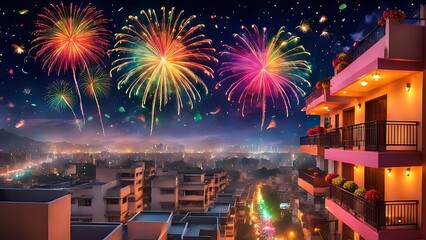 fireworks over the city new year, Diwali festival