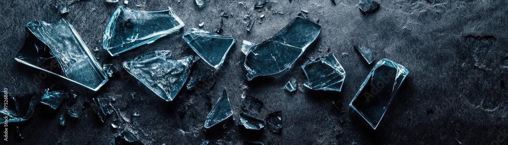 Poster broken glass pieces scattered on a dark surface, creating an abstract and dramatic composition with 