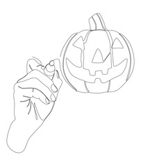 One continuous line of Jack O' Lantern drawn by with felt tip pen. Thin Line Halloween pumpkin Illustration vector concept. Contour Drawing Creative ideas.
