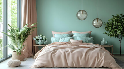 A modern bedroom with a large bed, a green wall, and two hanging light fixtures.