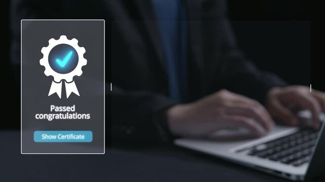 Business person secures product certification, marking a key achievement. Demonstrates commitment to quality and trustworthiness by having product certification passed. UUID