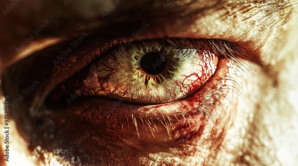 Poster close-up shot of an unsettling human eye showcasing unique patterns and colors, evoking intense emot