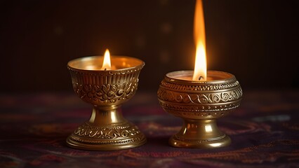 Diwali festival, A close-up of a  diya of Diwali in a traditional brass lamp stand